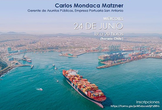 Imagen buque llegando a puerto, información de presentador y fecha de charla