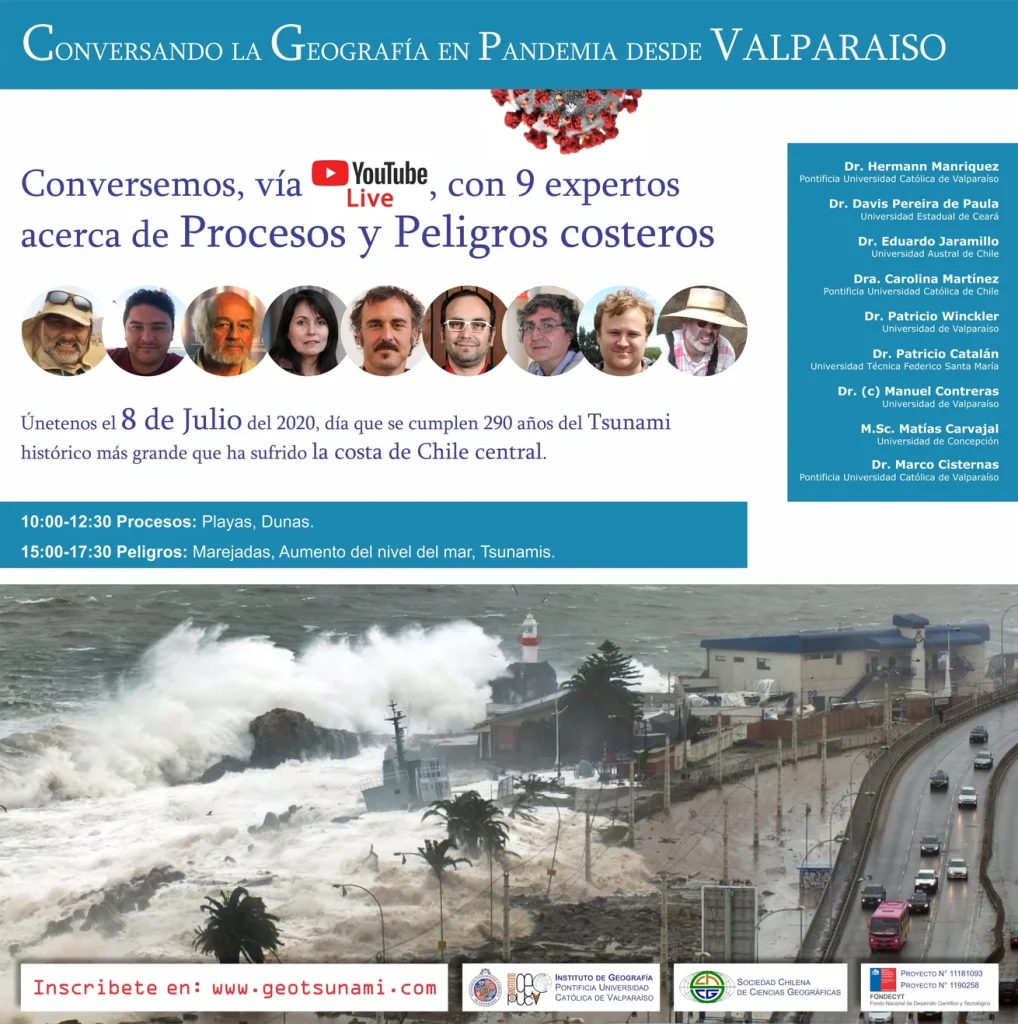 Participantes del conversatorio e imagenes antiguo tsunami en Chile
