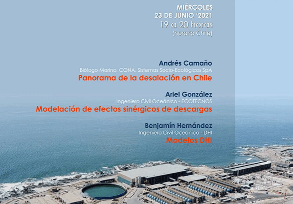 Imagen de planta desaladora, información de presentador y temas de la charla